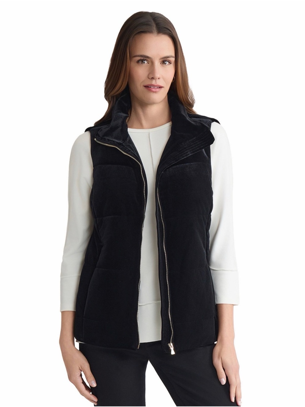 Jones New York Black Quilted Velvet-Look Zip Vest